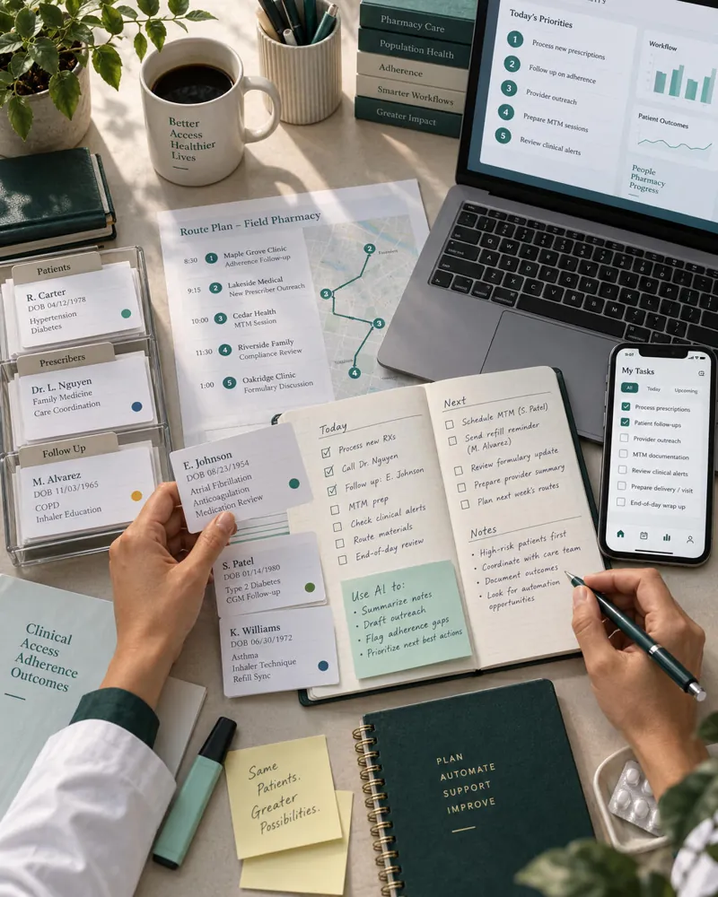 Farmacêutica analisando um texto impresso diante do computador