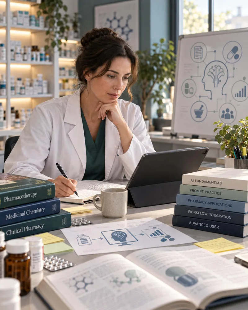 Farmacêutica fazendo anotações com tablet e livros técnicos sobre a mesa