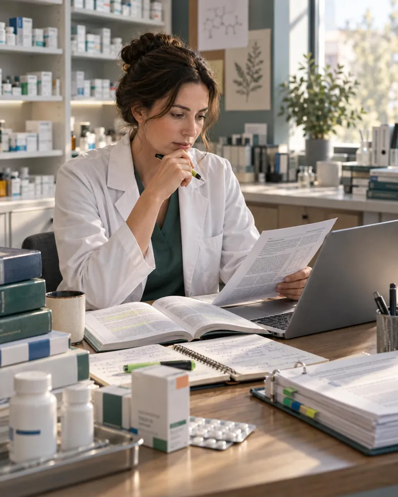 Farmacêutica lendo um documento ao lado de livros abertos e do notebook