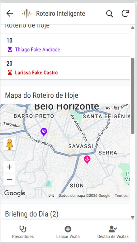 Roteiro inteligente com mapa e briefing da visita