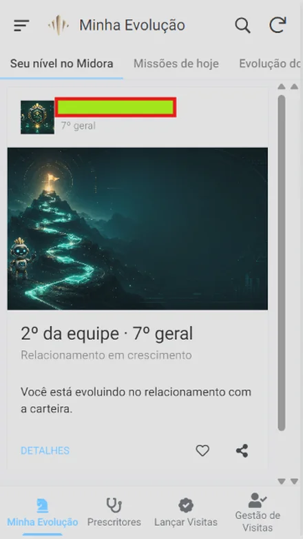 Minha Evolução: nível, posição na equipe e trilha de progresso