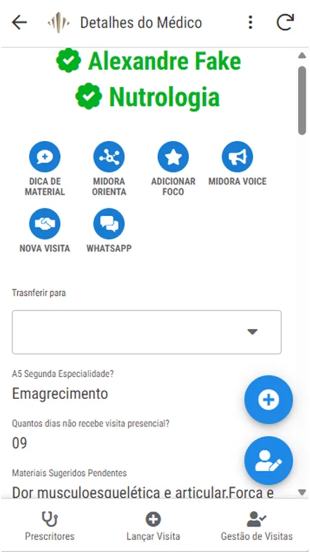 Ficha do prescritor com acesso a material, IA e WhatsApp