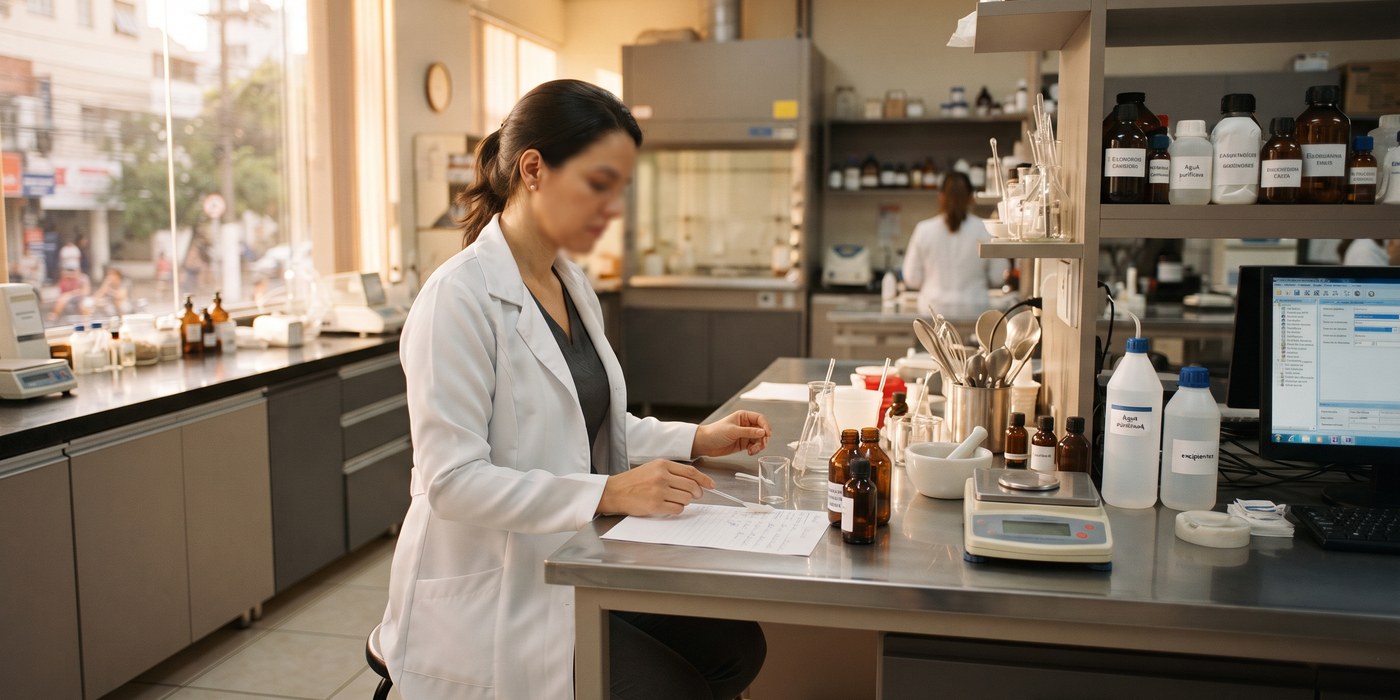Farmacêutica conferindo fórmula manipulada em bancada de laboratório